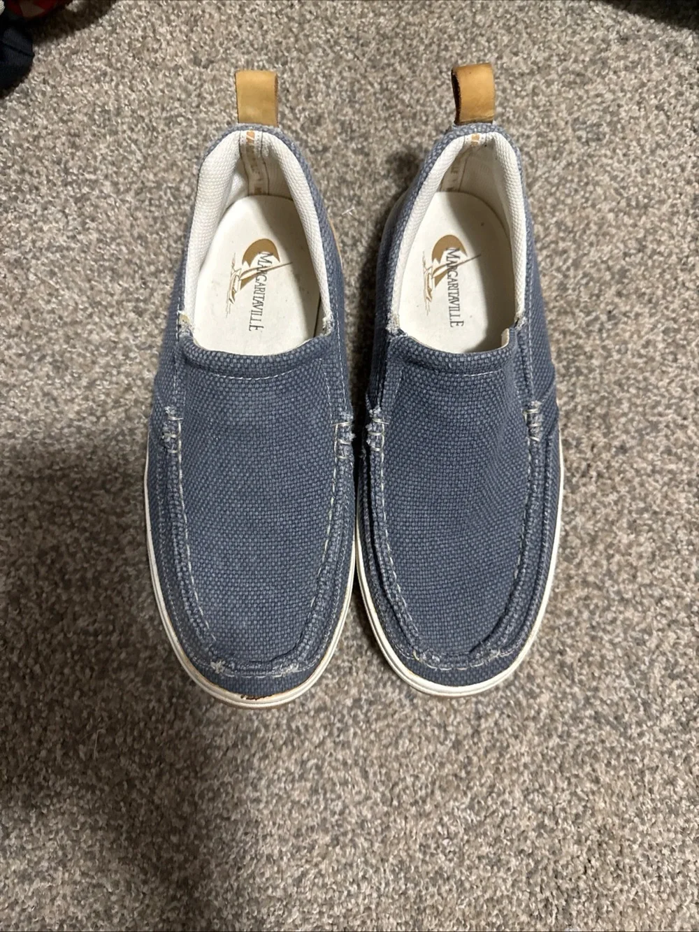 Margaritaville Navy Canvas Slip-On Boat Shoes with Tan Pull Tabs